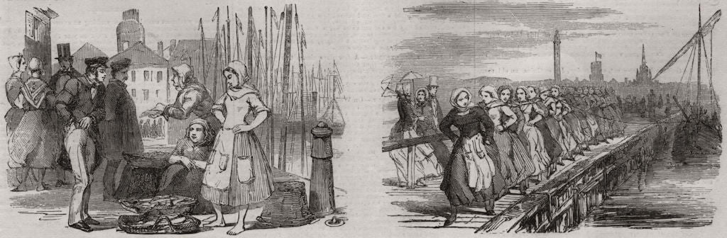 Calais fetes. Courgain fishmarket; Women hauling in a fishing boat 1852 print